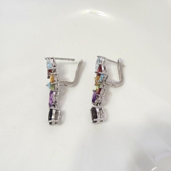 Vintage Boho Sterling Silver Colourful Rainbow Crystal Flower Drop Long Earrings - Picture 8 of 10